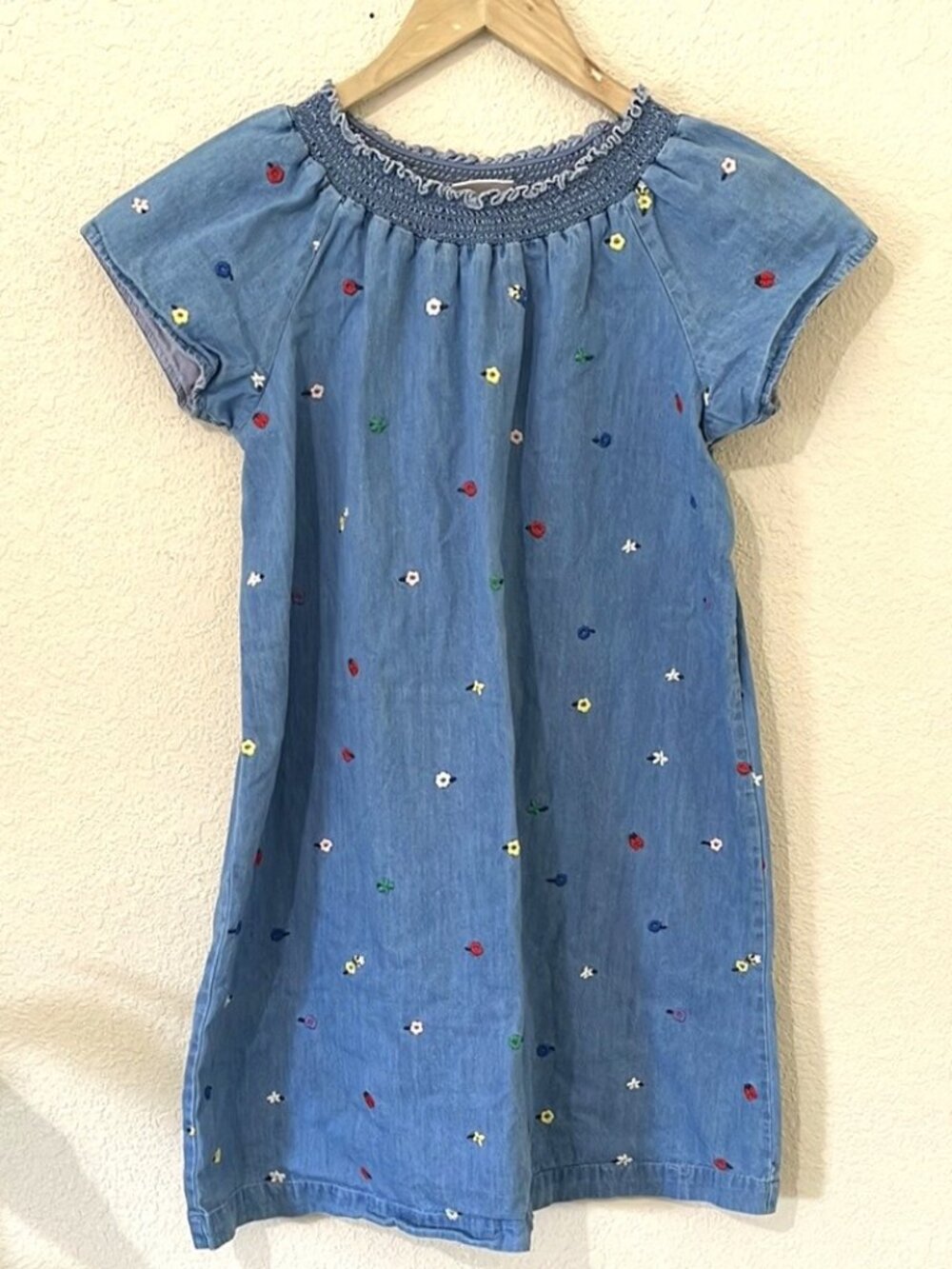 Hanna Andersson Chambray Dress Girls 12 Embroidered Floral School Casual Pockets
